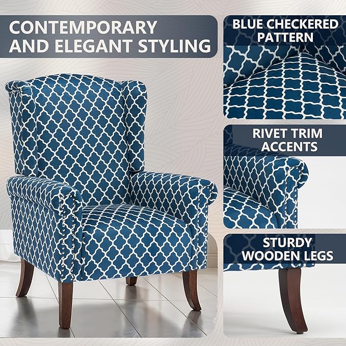 MOJAY Modern Accent Chair, Comfy Wingback Armchair Blue Plaid Club Chair with Wooden Legs for Living Room, Bedroom, Office, or Balcony