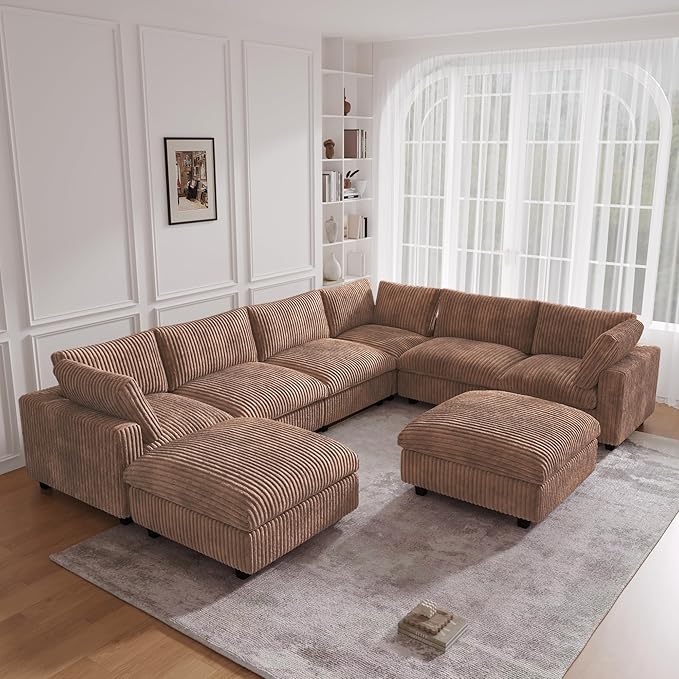 JACH 157" Modern Sectional Couch, Overzised Down Filled Soft Sofa, Deep Seat 8 Seater Convertible Modular Cloud Sofas for Living Room, Minimalist Couches,Sofa Cover Removable, Brown