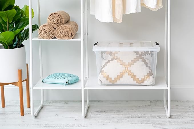 IRIS USA 40 Qt Stackable Plastic Storage Bins with Lids, 6 Pack - BPA-Free, Made in USA - See-Through Organizing Solution, Latches, Durable Nestable Containers, Secure Pull Handle - Clear