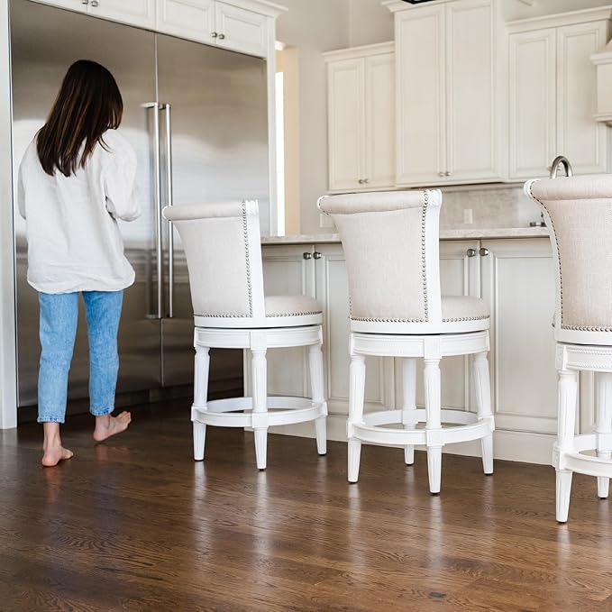 Maven Lane Pullman Counter Stool 26 Inches – Set of 3 – Swivel Stools with Footrest – White Solid Wood Frame & Natural Fabric Upholstery – Perfect for Kitchen Islands & Counters