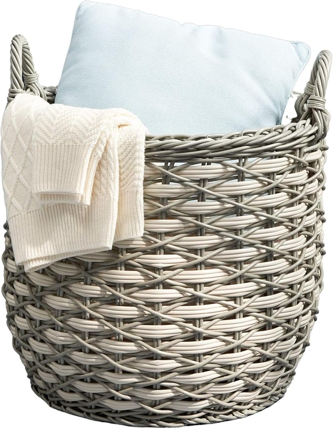 Isidore Round Water Hyacinth Seagrass Woven Basket with Handles (18" x 18" x 19.6" - White-Gray) - Ideal for Halloween, Thanksgiving, and Versatile Home Storage