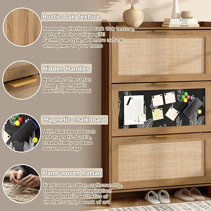 Rattan Shoe Storage Cabinet with 3 Flip Drawers & Chalkboard, Freestanding Organizer for Front Door Entrance, Hidden Narrow Shoe Rack Cabinet Storage for Entryway, Rustic Oak Rattan