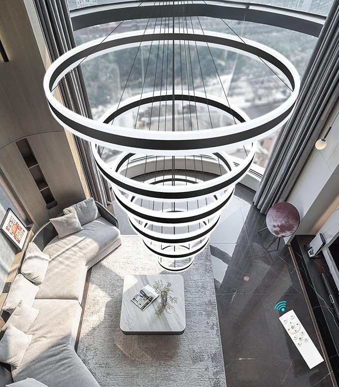 6 Rings Modern LED Chandeliers Large High Ceiling Chandelier for Foyer Black Dimmable Long Handing Lighting Fixture for Living Room Entryway Villa Staircase 3000K-6000K