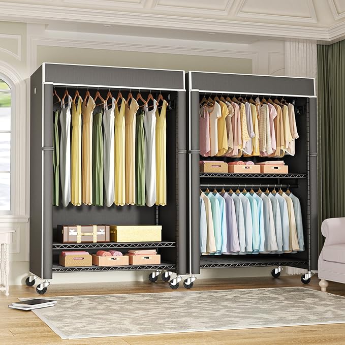 FUTASSI Black Clothing Rack with Dark Gray Cover, P1C Plus Rolling Closet with Wheels, Metal Garment Rack for Hanging Clothes, Clothing Storage Wardrobe, 46" W x 18.5" D x 80.7" H, Load 524 Pounds