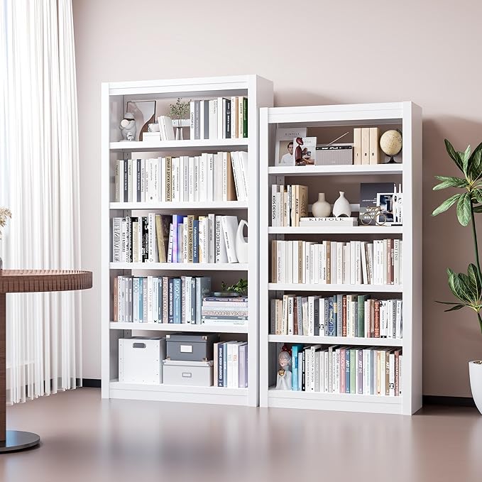 5-Tier Metal Book Shelf, 69” Tall Bookshelf with Adjustable Storsge Shelves, Library Bookcase with Book Stopper, Modern White Bookshelf for Living Room, Office, Bedroom