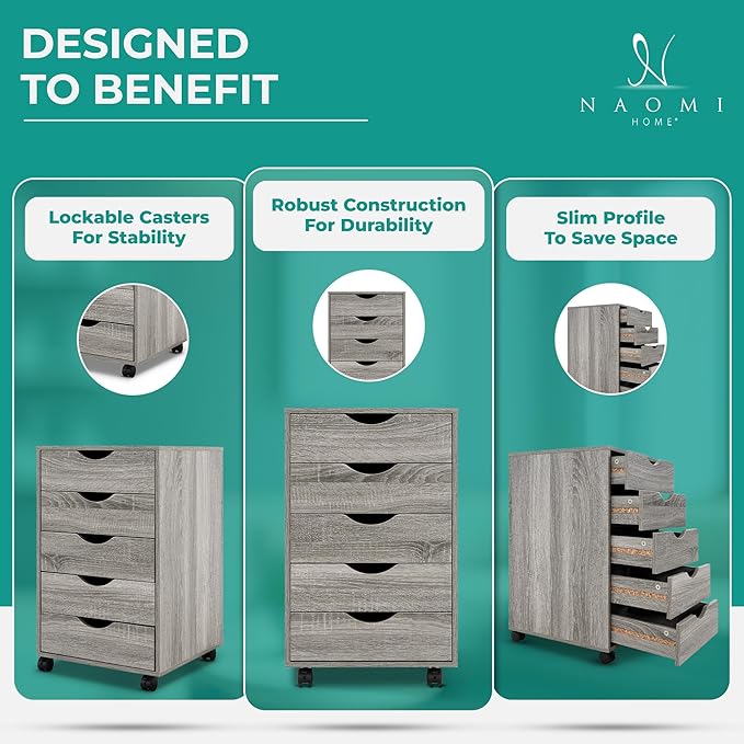5-Drawer Rolling Storage Cart Organizer - Mobile Under Desk Dresser with Lockable Wheels, Grey Oak Engineered Wood for Home Office Dorm, Compact 15.7 x 15.7 x 26 Inches