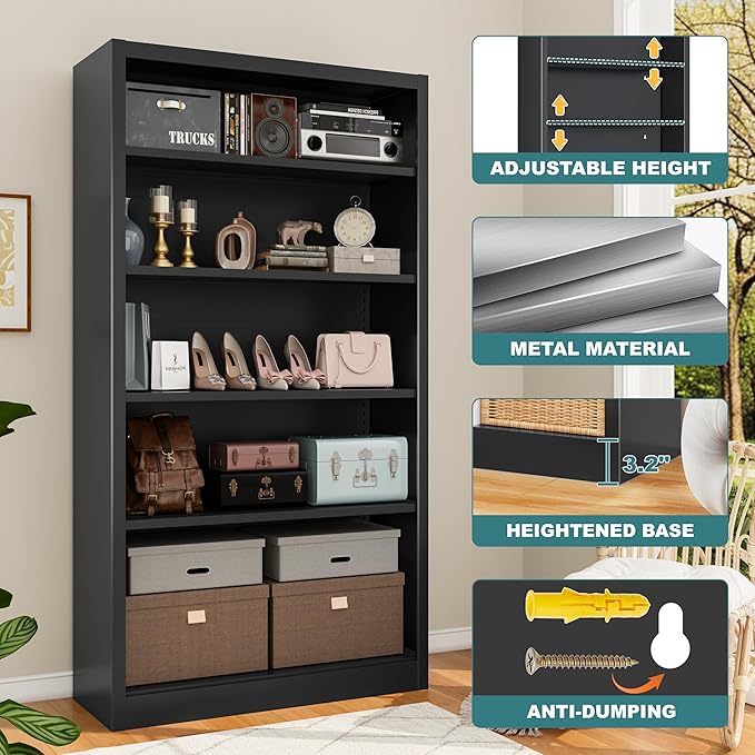 66"Heavy-Duty Steel Open Storage Cabinet with Adjustable Shelves, 6-Tier Shelving Unit, Easy Assembly Freestanding Organizer for Garage, Pantry,Office, Living Room (Black, 5 Tier-66"Hx 33"W x14"D)