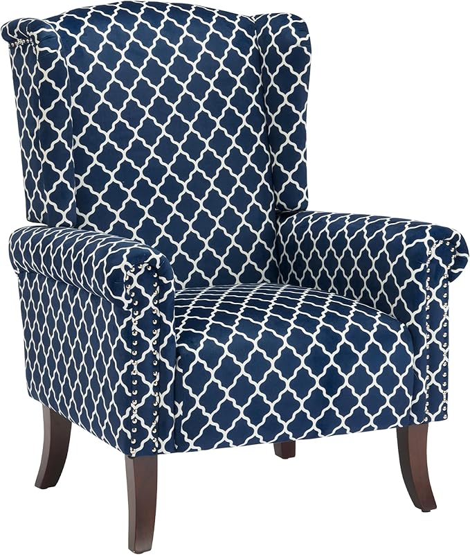 MOJAY Modern Accent Chair, Comfy Wingback Armchair Blue Plaid Club Chair with Wooden Legs for Living Room, Bedroom, Office, or Balcony