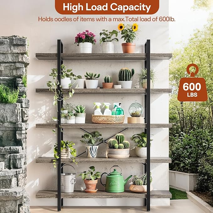 5-Tier Industrial Bookcase, 47 Inch Wide Wood Bookshelf, 120lbs Shelf Capacity, Rustic Open Shelving Heavy Duty Display with Reinforced Horizontal Grey Shelves for Living Room Bedroom Office