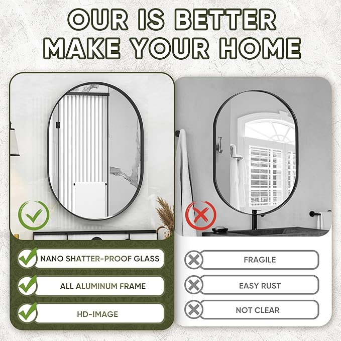 Suidia 22" x 30" Bathroom Mirror, Bathroom Vanity Mirror Metal Framed, Wall-Mounted Mirrors for Bedroom, Living Room, Entryway, Hallway, Black, Oval Style