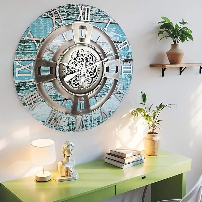 The Gears Clock Real Moving Gear Wall Clock England Line (Aqua Green, 24 inches (60 cm))