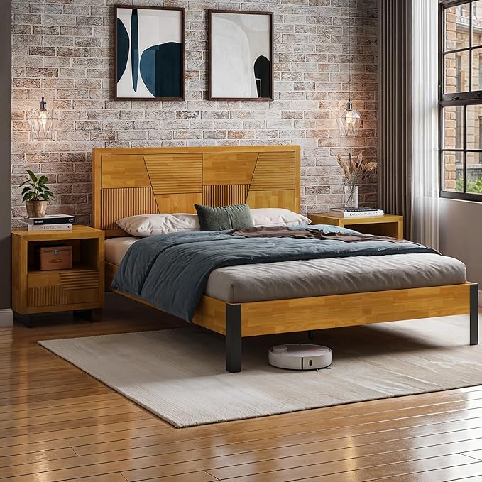 Bme Trapeze Queen Bed Frame – Modern Solid Wood Bed with Smooth Pattern Headboard, Black Metal Legs, Teak Brown Finish – Durable Queen Size Platform Bed for Contemporary Bedrooms