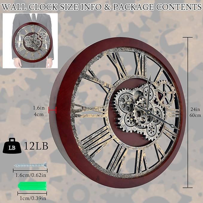 HOIBAI Large Wall Clock, Wall Clocks for Living Room Decor 30 Inch Farmhouse Vintage Rustic Kitchen Wall Decor Vintage Roman Oversized Wall Clock for Home Bedroom House, Moving Gears Clock