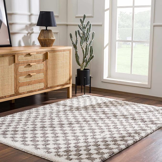 Hauteloom Kieu Contemporary Checkered Fluffy Shag Runner Rug - Modern Geometric Soft Carpet Tiles for Hallway, Kids Room, Nursery - Light Gray, Taupe, Gray - 2'7" x 7'3"