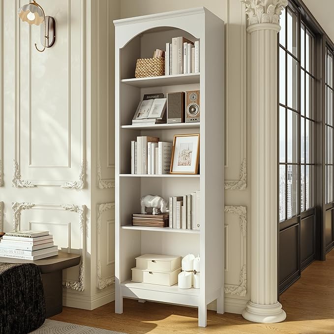 71" H Tall Bookshelf and Bookcase, Farmhouse Book Shelf with 5-Tier Open Shelves, Wooden Bookcase Freestanding Display Bookshelves for Bedroom, Living Room, White