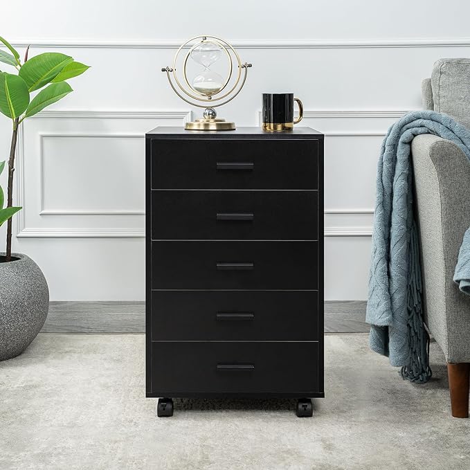 Naomi Home 5-Drawer Under Desk Rolling Storage Cart - Mobile Organizer with Lockable Casters, Black Engineered Wood for Office Dorm Apartment, Scratch-Resistant 15.7 x 15.7 x 26 Inches