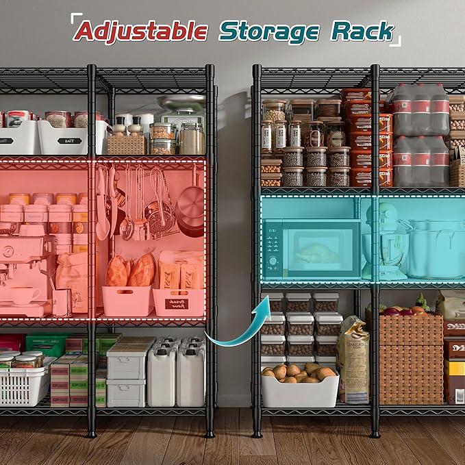 REIBII 78.4''W Storage Shelves Wire Shelving Unit Load 1500LBS,4 Tier Metal Shelving with Adjustable Metal Shelf Wire Rack for Pantry Shelves Commercial Shelving Kitchen Garage 78.4''Wx11.8''Dx59''H