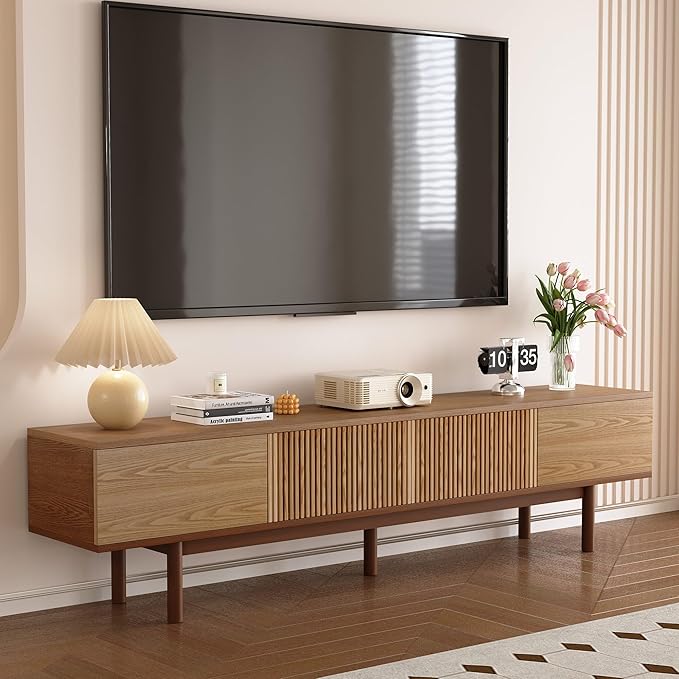 Mid Century Modern 86.6" Solid Wood TV Stand, Ready-to-Use Entertainment Center with Storage, TV Console for Living Room & Bedroom, Walnut