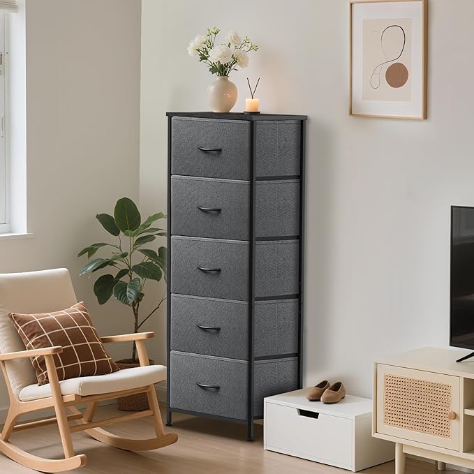 5 Fabric Drawer Dresser for Bedroom, Chest of Drawers with Waterproof Wood Top Tall Dresser for Hallway, Living Room, Kid Room (Grey and Charcoal Black)