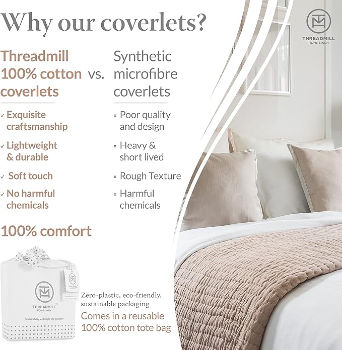 Threadmill Luxury Cotton Blankets for King Size Bed | All-Season Cozy 100% Cotton Blanket | Aster Jacquard Soft & Lightweight Coverlet fits California King Size Bed, 104x92 | Beige