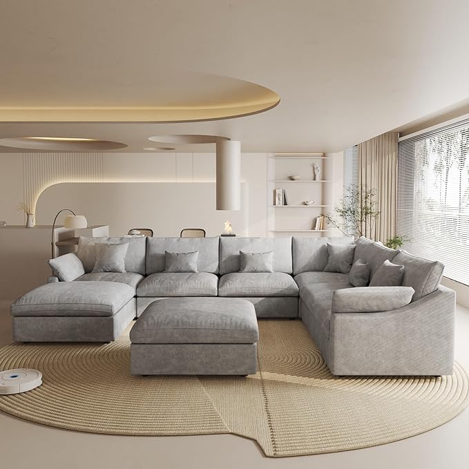 Cloud Couch Modular Sectional Sofa,160" U Shaped Couch, Down Filled Convertible Wide Seater with Ottoman, 8 Seater for Living Room Set,Covers Washable&Replaceable,Gray