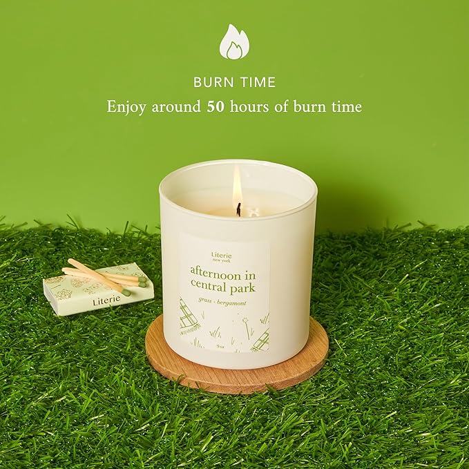 Literie NYC Inspired Scented Candle: Afternoon in Central Park - Grass & Bergamot Scent, 9oz, 50 Hour Burn, Vegan Soy & Coconut Blend Candle for Home Decor, Gift for Women & Men