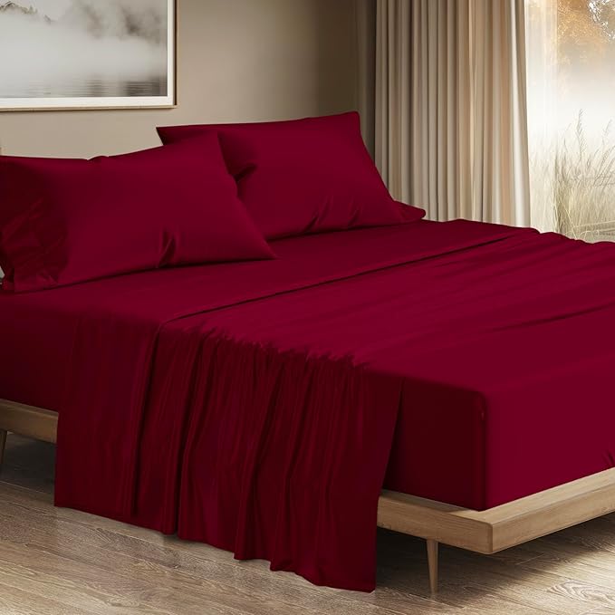 THREAD SPREAD 100% Egyptian Cotton King Size Sheets Set - Luxury 1200 Thread Count Egyptian Cotton Sheets King Size, 17" Deep Pocket, Soft, Cooling Sateen Weave Hotel Quality Bedding Set - Burgundy