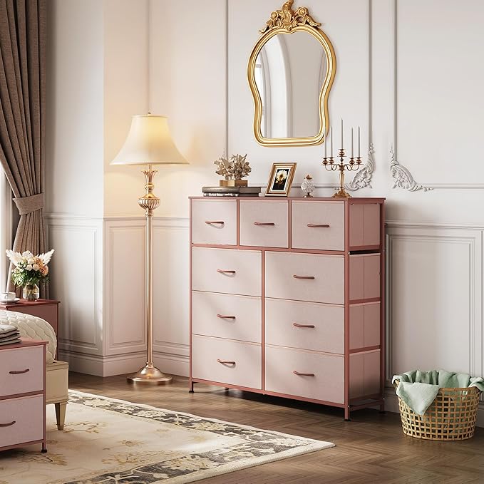 WLIVE 9-Drawer Dresser, Fabric Storage Tower for Bedroom, Hallway, Entryway, Closet, Tall Chest Organizer Unit with Fabric Bins, Steel Frame, Wood Top, Easy Pull Handle, Pink