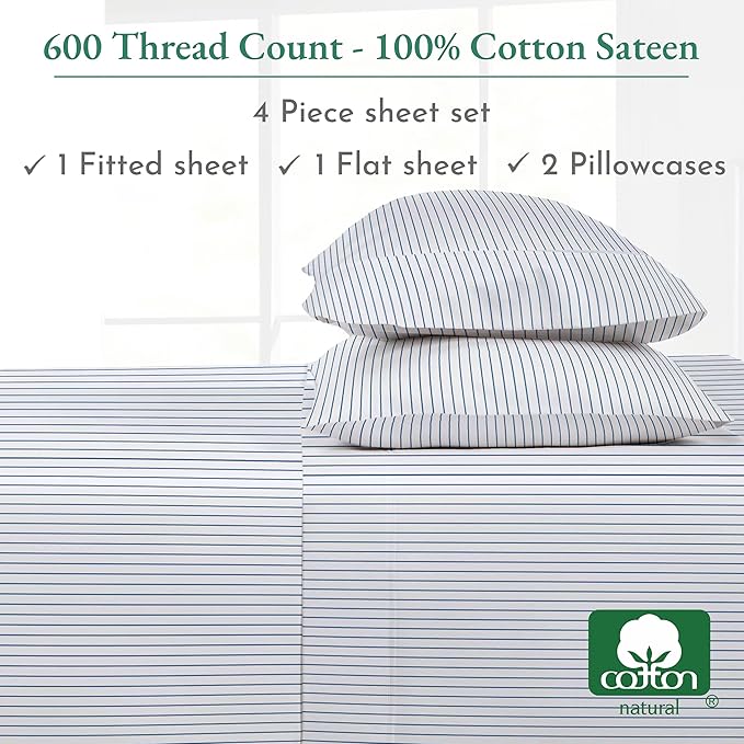 California Design Den Printed Striped Bed Sheets Full Size Set - Luxury 600 Thread Count, 100% Cotton Sateen, Hotel Quality Deep Pocket Full Sheet Set - Classic Blue Stripe Print