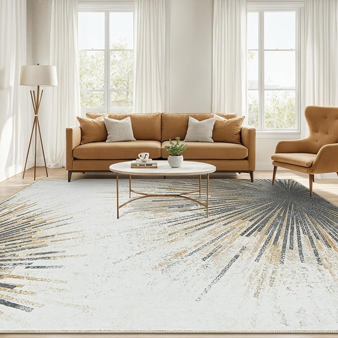 Lahome Modern Washable Area Rugs 8x10 - Ultra-Thin Non-Slip Soft Velvet Abstract Living Room Rug Starburst Floor Rugs, Abstract Print Washable Rug for Dining Room Table Office (Gold/Gray, 8'x10')