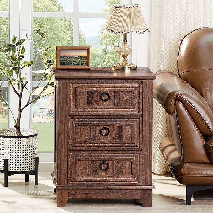 Farmhouse Night Stand Set of 2, 18" End Table with 3 Drawer Metal Handle, Dresser for Bedroom, Sofa Bed Side Table Chest of Drawers,Wood Nightstand Cabinet for Organizer, Living Room-Brown