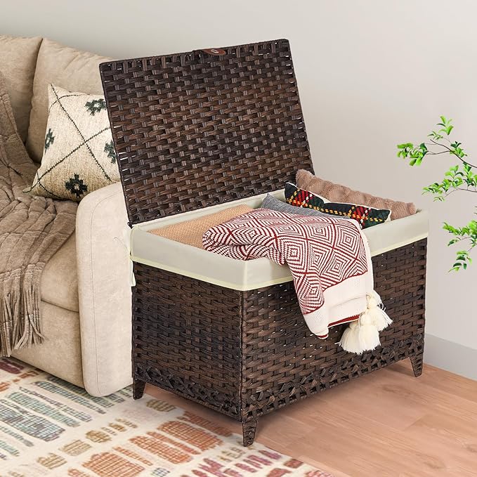 Wicker Storage Basket with Lid,Rattan Shelf Basket with Removable Liner Bag,200L Storage Bin,Storage Trunk with Heightened Feet,Storage Container for Wardrobe,Home Organizer