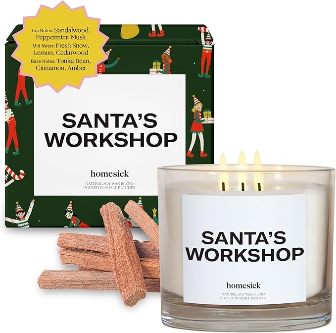 Homesick Scented Candles for Home (Santa’s Workshop) - 26 oz Long-Lasting Natural Soy Wax Blend Jar Holiday Candle Gifts for Christmas, 110-150 Hours Burn Time - Notes of Sandalwood & Fresh Snow