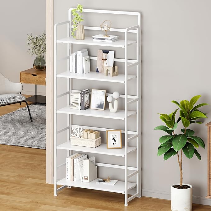 No Assembly Folding Bookshelf, 5 Tiers Collapsible Book Shelf for Home Office, Vintage Wood Foldable Bookcase Storage Organizer for Living Room Bedroom (White)