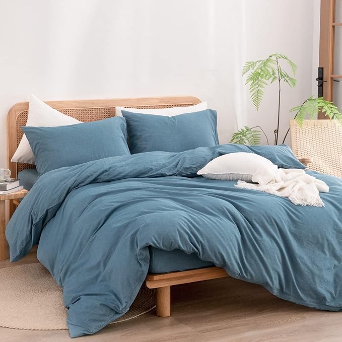 BESTOUCH Duvet Cover Set 100% Washed Cotton Linen Feel Super Soft Comfortable Chic Lightweight 3 PCs Home Bedding Set Solid Dark Blue Full/Double