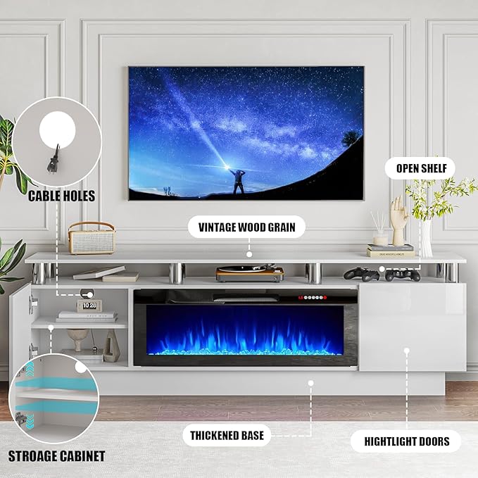 70" Modern Fireplace TV Stand with 36" Electric Fireplace for TVs Up to 80 inch, Luxury LED Light Entertainment Center with High Gloss Cabinet, TV Consoles for Living Room, White