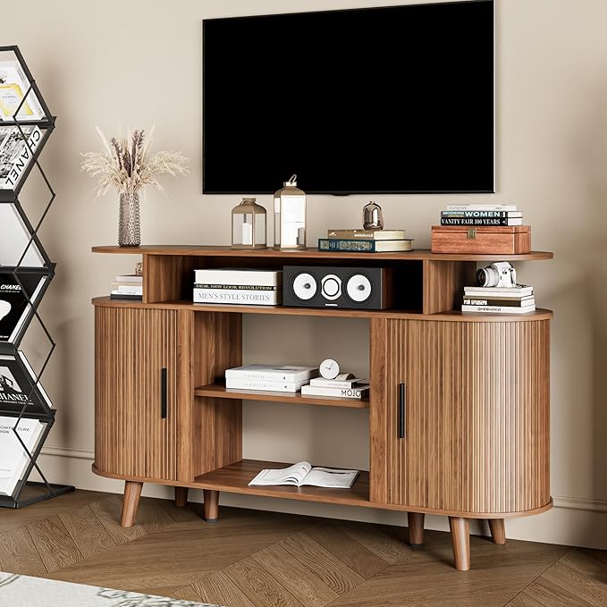 Fluted TV Stand for TVs up to 65 Inch, Mid Century Modern Entertainment Center with Storage and Adjustable Shelves, Media Console with Sliding Doors for Living Room, Bedroom, Walnut