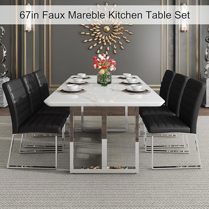 67'' Modern Dining Table Set for 6,White Kitchen Table Set,Luxury Dining Table Set with 1.8-inch Thick Faux Marble Table Top＆6 Pu Leather Upholstered Chairs Ideal for Dining kicken Room