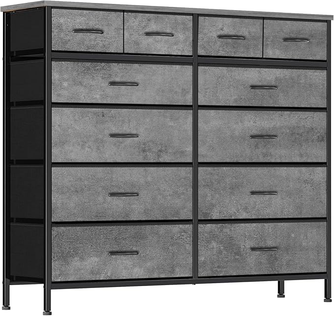 Gray Dresser for Bedroom with 12 Deep Drawers, Wide Chest of Drawers, 55" Wood Top TV Stand, Tall Fabric Storage Cabinet for Closet, Nursery, Kid's Room