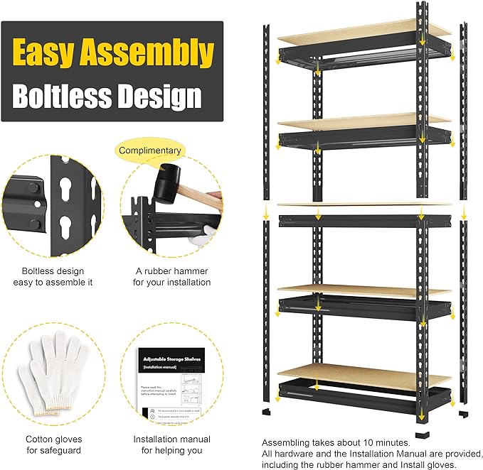 PrimeZone Storage Shelves, 27.5" W X 12" D X 59" H Adjustable Metal Heavy Duty Garage Shelving Unit, 5 Tier Industrial Standing Utility Rack Organizer for Warehouse, Pantry, Kitchen, Basement, Black