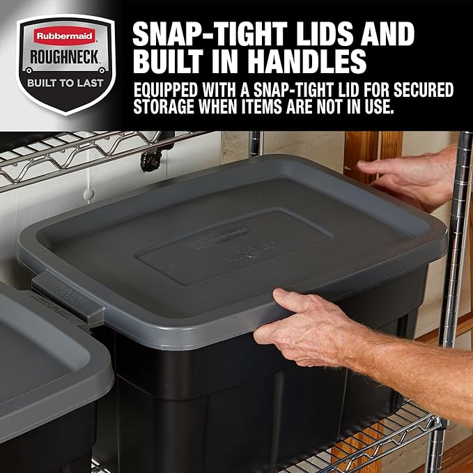 Rubbermaid Heavy Duty Black Storage Bins Plastic Totes with Lids for Storage, Stackable, Large Capacity, Durable, Multipurpose, 14 GAL, 6 Pack (14 GAL - 6 Pack Solid Black and Grey)