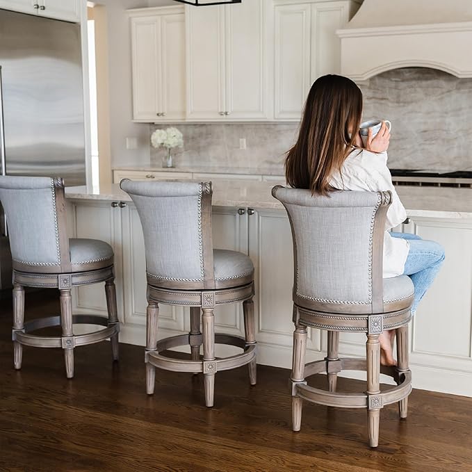 Maven Lane Pullman Counter Stool 26 Inches – Set of 4 – Swivel Stools with Footrest – Grey Solid Wood Frame & Grey Fabric Upholstery – Perfect for Kitchen Islands & Counters