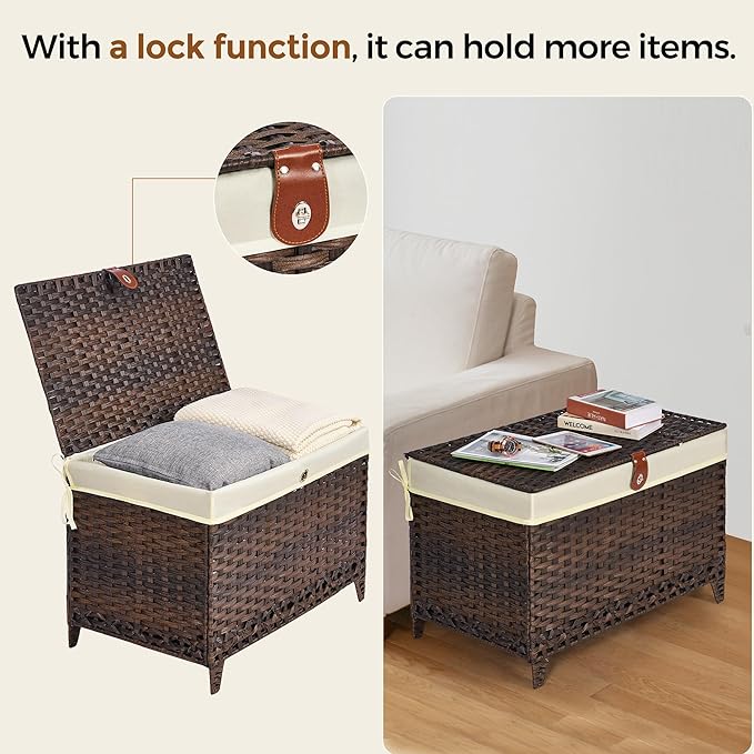 Wicker Storage Basket with Lid,Rattan Shelf Basket with Removable Liner Bag,160L Storage Bin,Storage Trunk with Heightened Feet,Storage Container for Wardrobe,Home Organizer