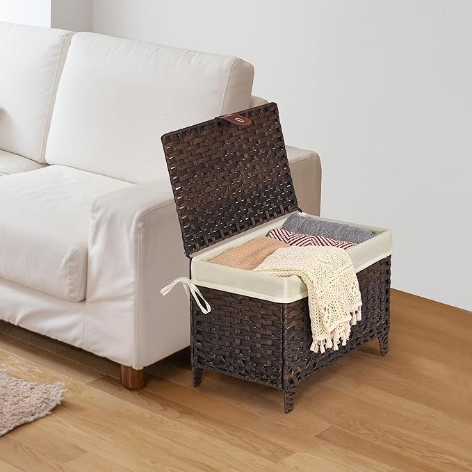 Wicker Storage Basket with Lid,Rattan Shelf Basket with Removable Liner Bag,65L Storage Bin,Storage Trunk with Heightened Feet,Storage Container for Wardrobe,Home Organizer