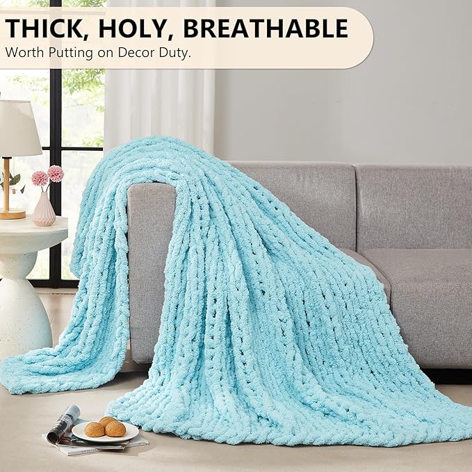 L'AGRATY Chenille Chunky Knit Blanket, Light Blue, 50x60, Heavyweight Throw Blanket for Home Decor