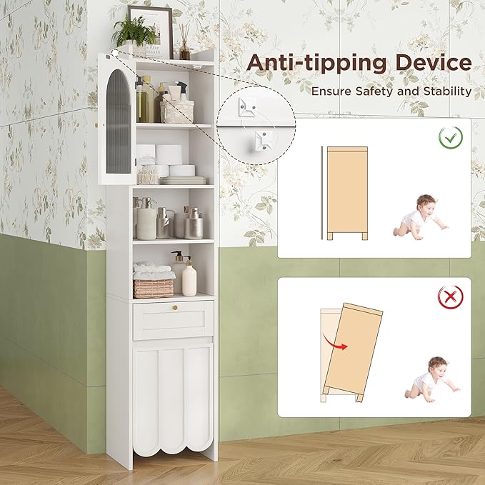 Tall Bathroom Storage Cabinet with 1 Drawer and 2 Doors - Modern Bath Organizer, Slim Freestanding Storage for Bathroom Essentials (11.8 Inches Wide), White