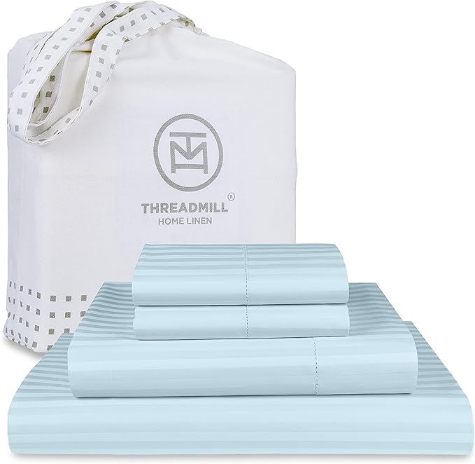Threadmill 100% Cotton Sheets for King Size Bed - 600 Thread Count King Bed Sheets Set with 16” Deep Pocket - Damask Stripe Sateen Weave 4-Piece Bedding Set with Cooling Effect, Blue