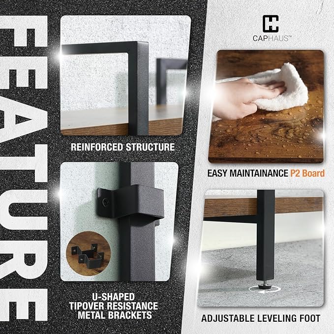 CAPHAUS 5-Tier Book Shelf, 71” H Vintage Industrial Bookcase with Open Display Shelving, Wooden and Metal Shelving Unit, Bookshelves and Bookcases, Stand Shelf for Bedroom, Home Office, Rustic Oak