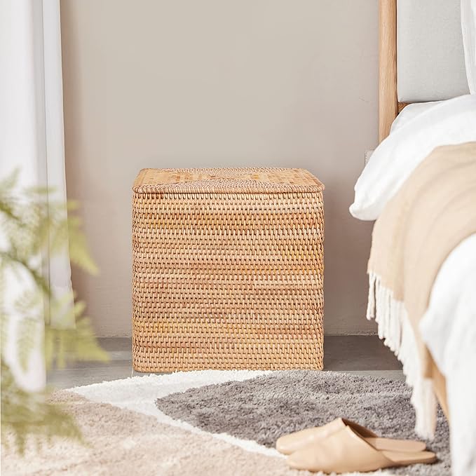 Rattan Basket With Lid, Large Lidded Basket For Storage (15.75" L×15.75"W×11.81"H)