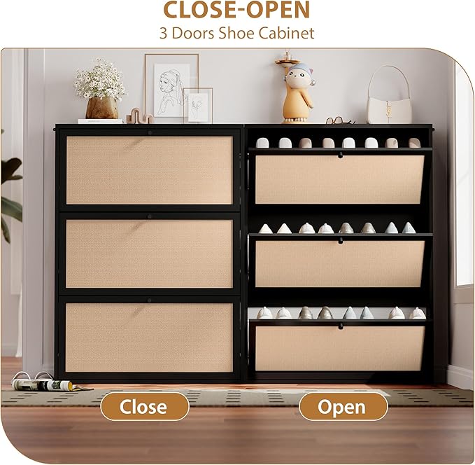 Shoe Storage Cabinet with 3 Flip Drawers, Narrow Wood Shoes Cabinet with Linen Doors Drawer, Freestanding Shoe Organizer Slim Shoe Cabinet Storage Shoe Rack for Entryway Hallway (Black)
